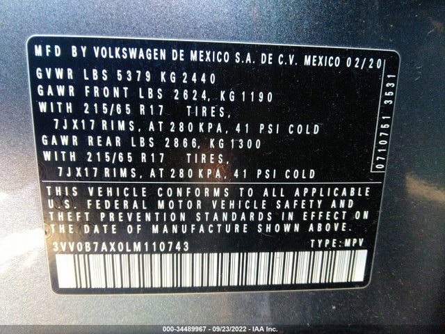 2020 Volkswagen Tiguan, VIN: 3VV0B7AX0LM110743