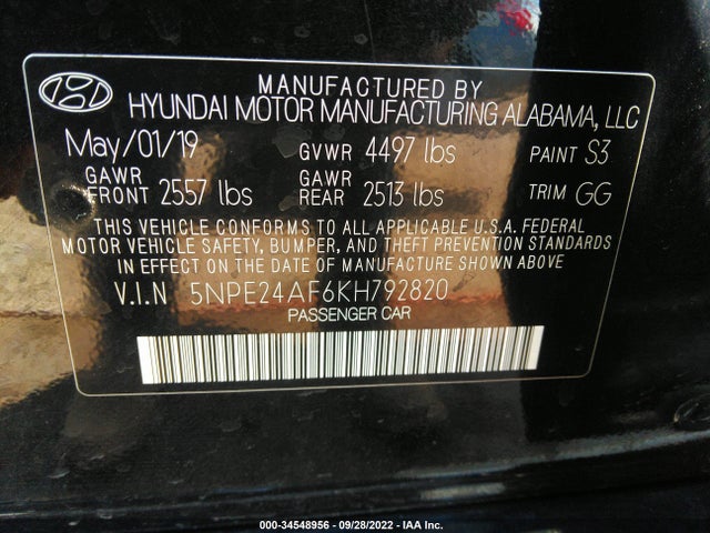 2019 HYUNDAI SONATA SE VIN: 5NPE24AF6KH792820