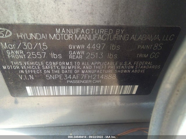 2015 HYUNDAI SONATA 2.4L SPORT VIN: 5NPE34AF7FH214888