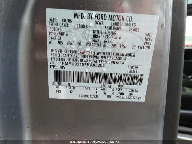 2007 FORD ESCAPE XLT VIN: 1FMYU03157KA83205