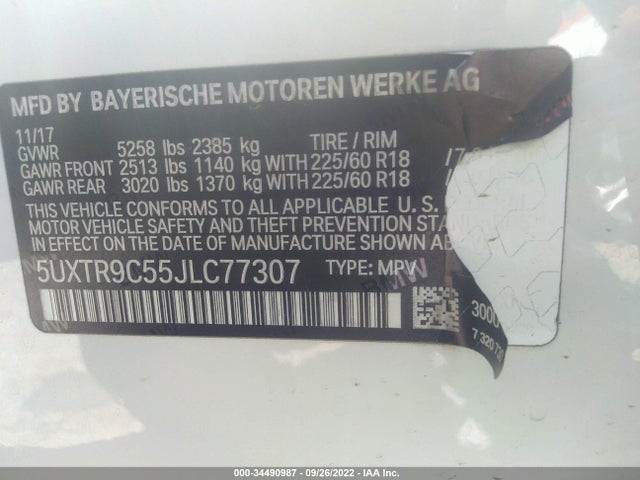 2018 BMW X3, VIN: 5UXTR9C55JLC77307