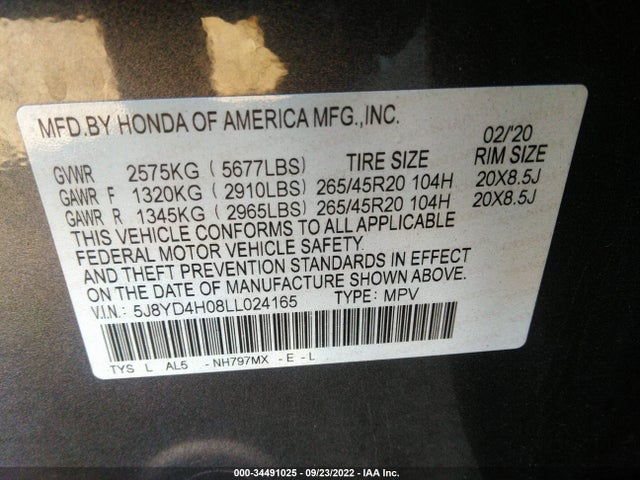 2020 Acura MDX, VIN: 5J8YD4H08LL024165