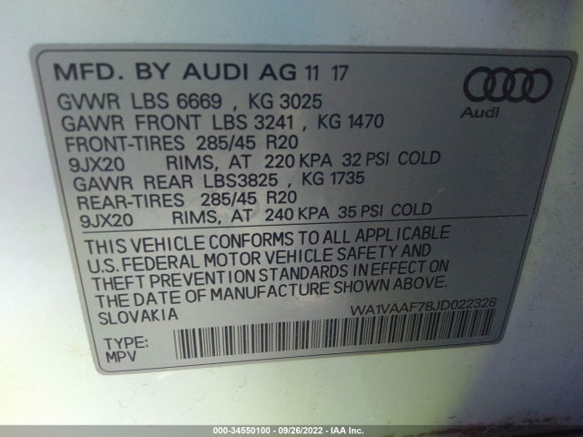2018 AUDI Q7 PRESTIGE VIN: WA1VAAF78JD022328