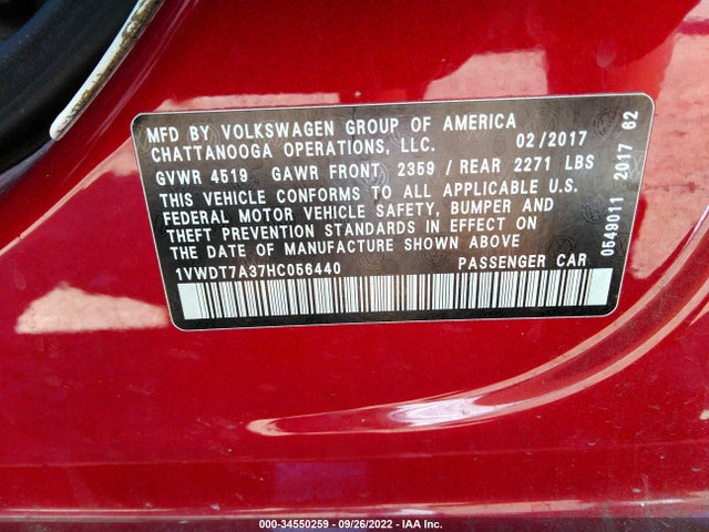 1VWDT7A37HC056440 Volkswagen Passat R-line W/comfort Pkg