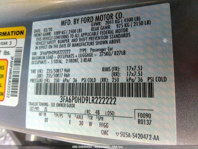 2020 FORD FUSION SE VIN: 3FA6P0HD9LR222222