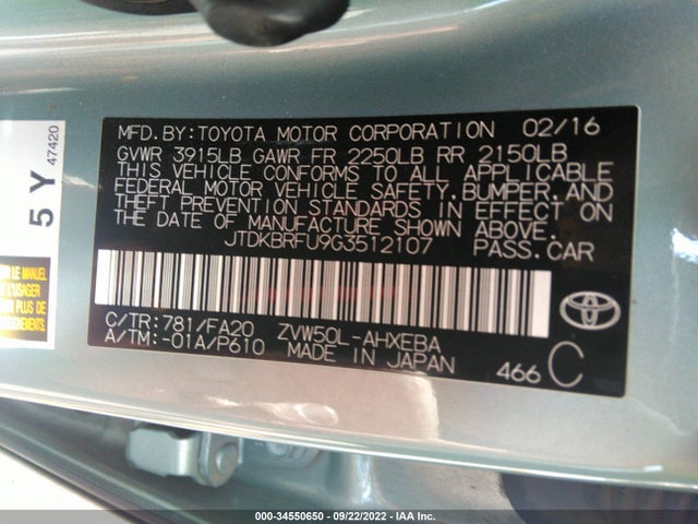 Toyota Prius Two 2016 JTDKBRFU9G3512107 Image 9