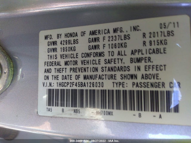 2011 HONDA ACCORD SDN LX-P VIN: 1HGCP2F45BA126030