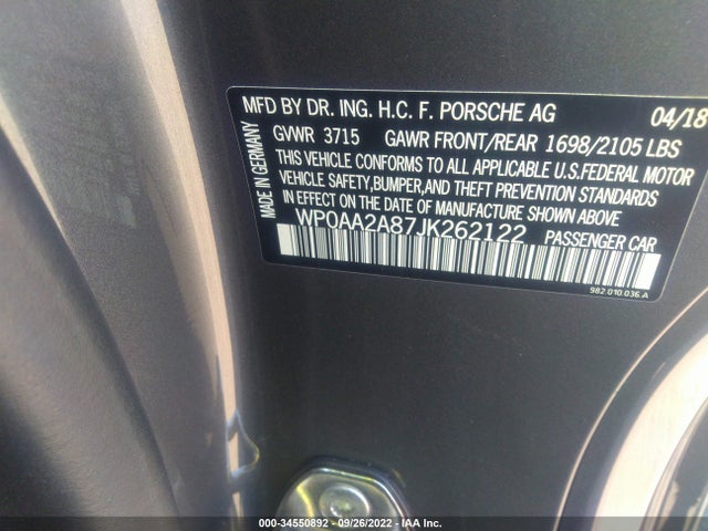 2018 Porsche 718, VIN: WP0AA2A87JK262122