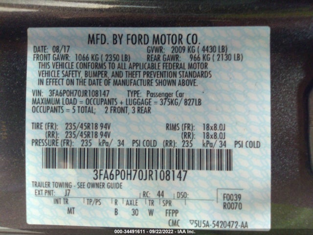 2018 Ford Fusion, VIN: 3FA6P0H70JR108147