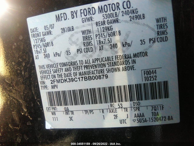 2007 FORD EDGE SEL PLUS VIN: 2FMDK39C17BB00879