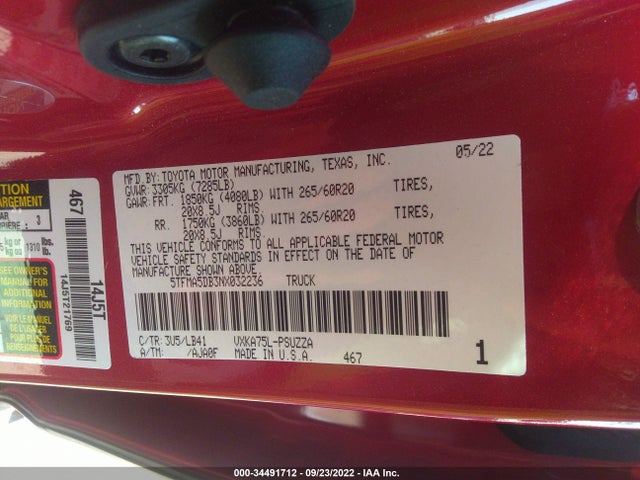 2022 Toyota Tundra, VIN: 5TFMA5DB3NX032236
