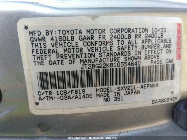 2001 TOYOTA CAMRY CE/LE/XLE VIN: JT2BG22K810554640