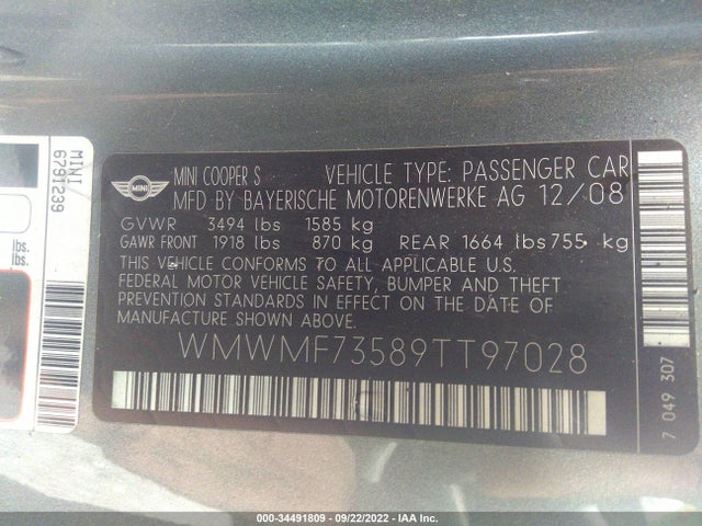 Mini Cooper Hardtop S 2009 WMWMF73589TT97028 Image 10