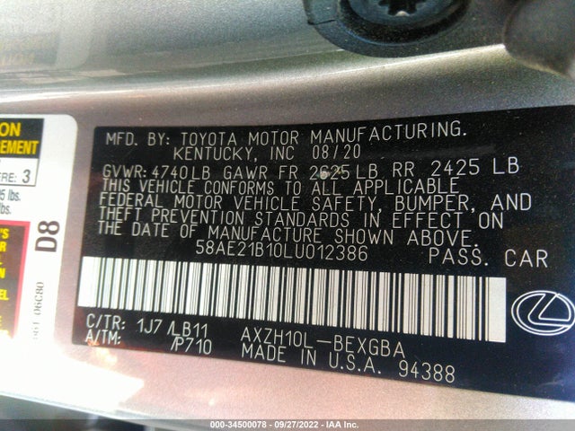 2020 Lexus ES, VIN: 58AE21B10LU012386