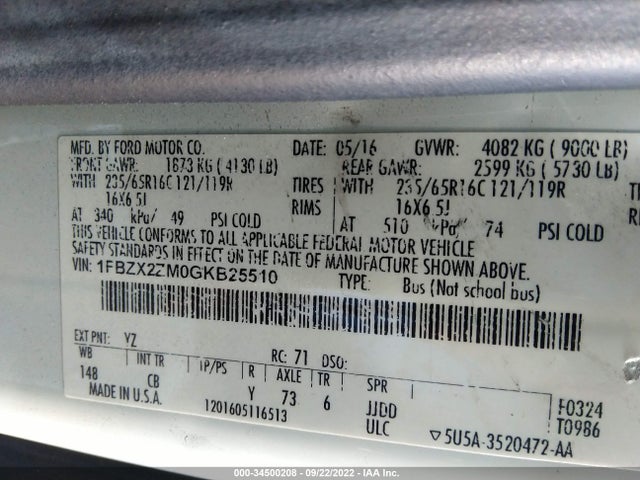 2016 Ford Transit, VIN: 1FBZX2ZM0GKB25510