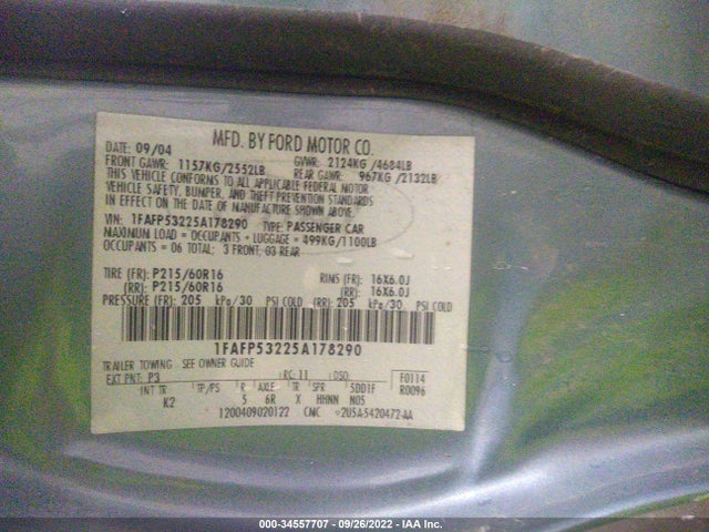 2005 FORD TAURUS SE VIN: 1FAFP53225A178290