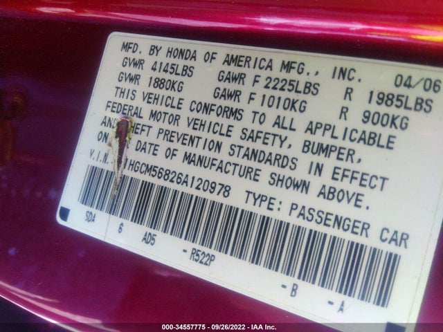 2006 HONDA ACCORD SDN EX-L VIN: 1HGCM56826A120978