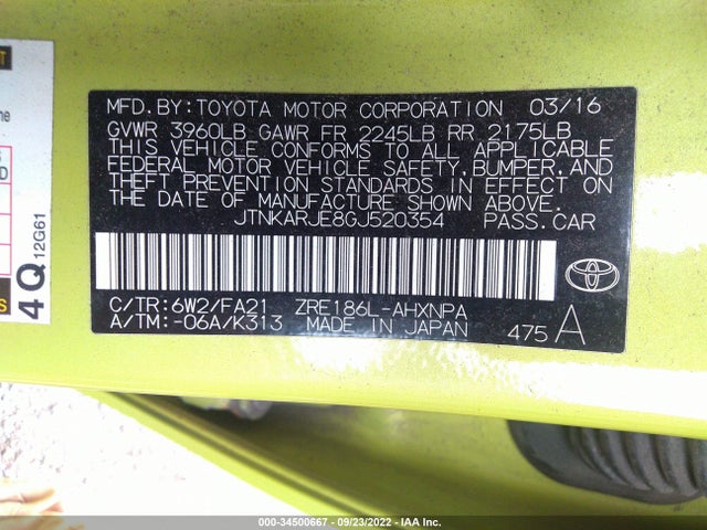 2016 Scion IM, VIN: JTNKARJE8GJ520354