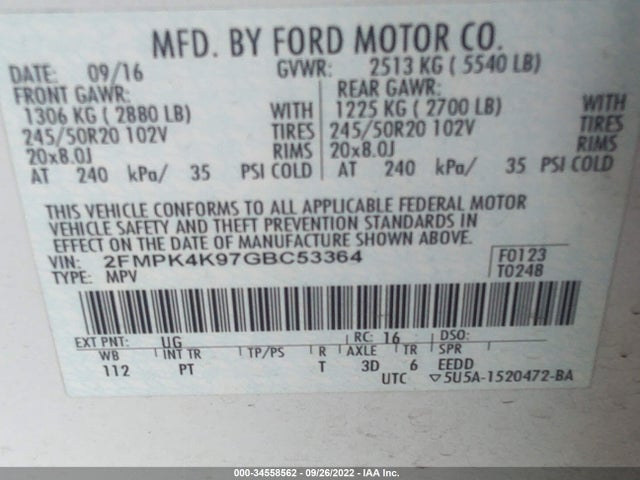 2016 Ford Edge, VIN: 2FMPK4K97GBC53364