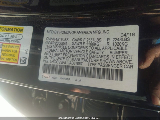 2018 Honda Accord, VIN: 1HGCV3F51JA001867