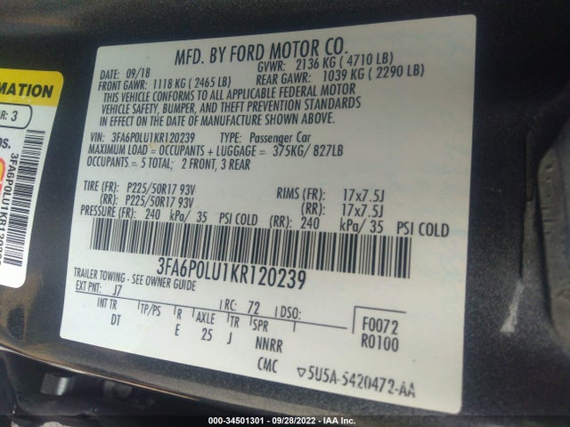 2019 Ford Fusion, VIN: 3FA6P0LU1KR120239
