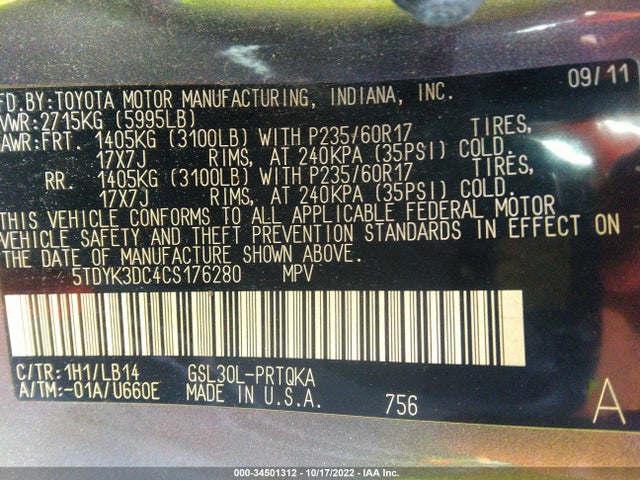 2012 TOYOTA SIENNA XLE AAS/XLE/LTD VIN: 5TDYK3DC4CS176280