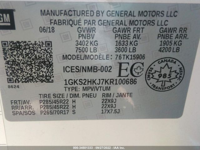 1GKS2HKJ7KR100686 GMC YUKON XL DENALI