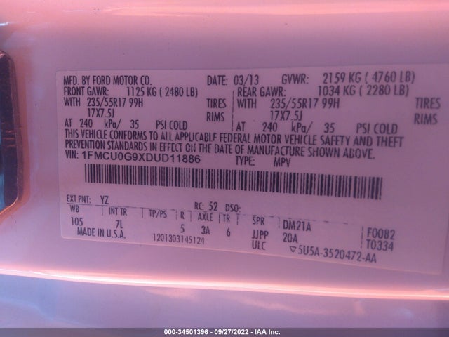 2013 FORD ESCAPE SE VIN: 1FMCU0G9XDUD11886