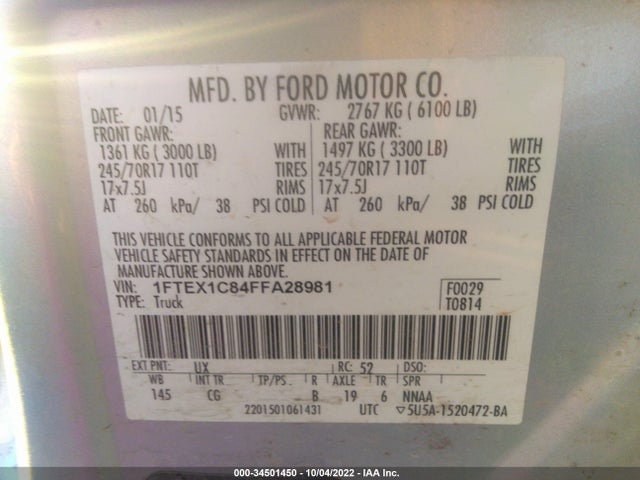 2015 FORD F-150 XL/XLT VIN: 1FTEX1C84FFA28981