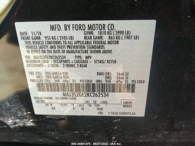 2019 Ford Ecosport, VIN: MAJ3S2GE2KC262534