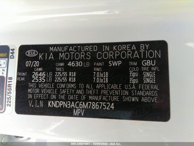 KNDPN3AC6M7867524 KIA Sportage Ex