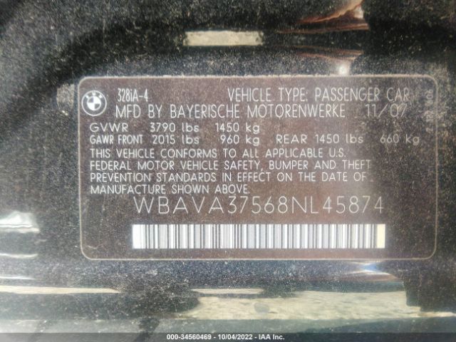 2008 BMW 3 SERIES WBAVA37568NL45874 Photo 8