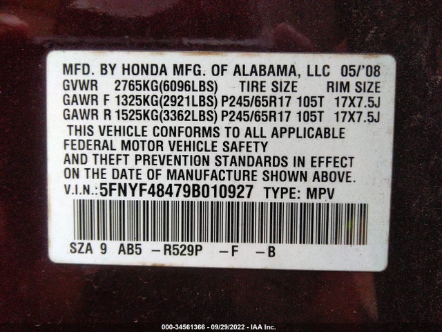 2009 HONDA PILOT EX VIN: 5FNYF48479B010927