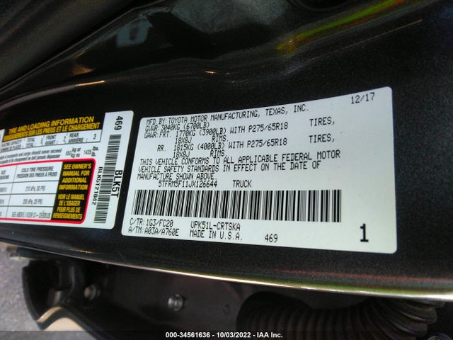 2018 Toyota Tundra, VIN: 5TFRM5F11JX126644