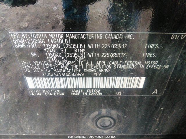 2017 Toyota RAV4, VIN: 2T3BFREV4HW593949
