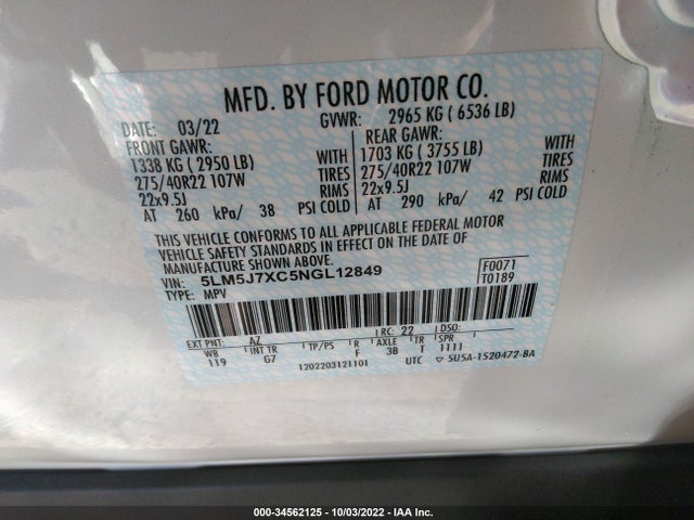 2022 Lincoln Aviator, VIN: 5LM5J7XC5NGL12849