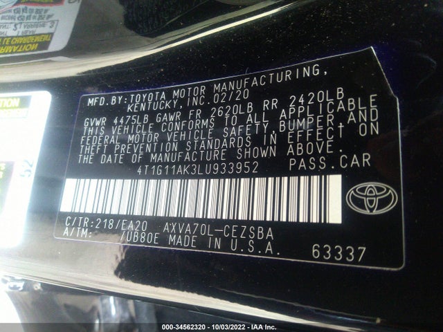 Toyota CAMRY SE 2020 4T1G11AK3LU933952 Image 11