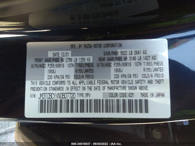 2022 Mazda CX-9, VIN: JM3TCBCYXN0607720