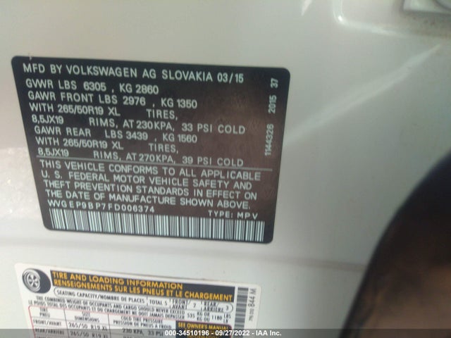 2015 Volkswagen Touareg, VIN: WVGEP9BP7FD006374