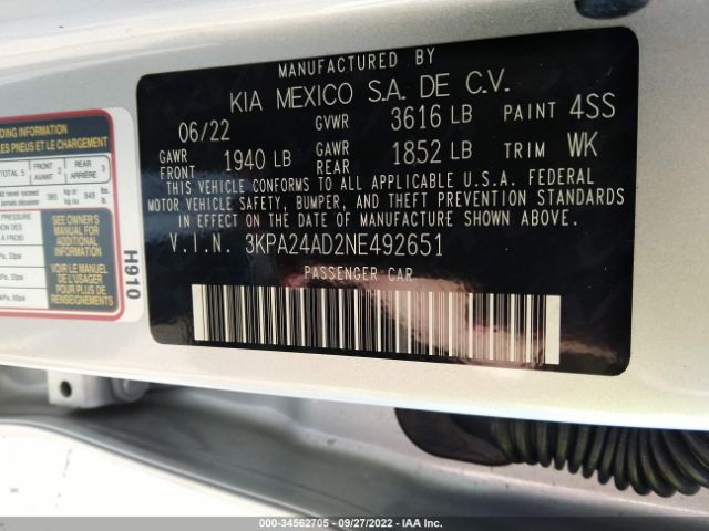 3KPA24AD2NE492651 KIA RIO S