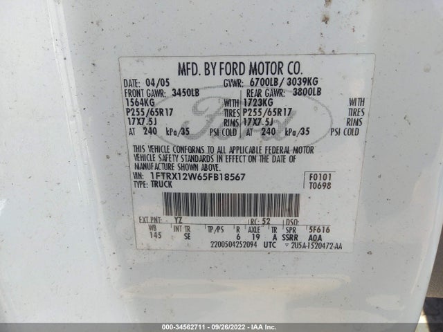 2005 FORD F-150 STX/XLT/XL VIN: 1FTRX12W65FB18567