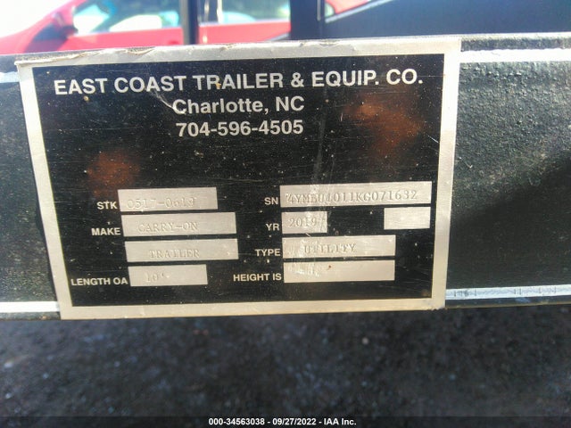 2019 CARRYON UTILITY TRAILER - TRAILER VIN: 4YMBU1011KG071632