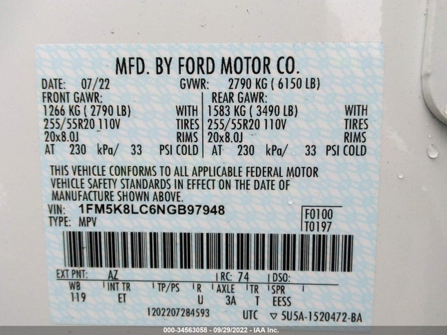 2022 Ford Explorer, VIN: 1FM5K8LC6NGB97948