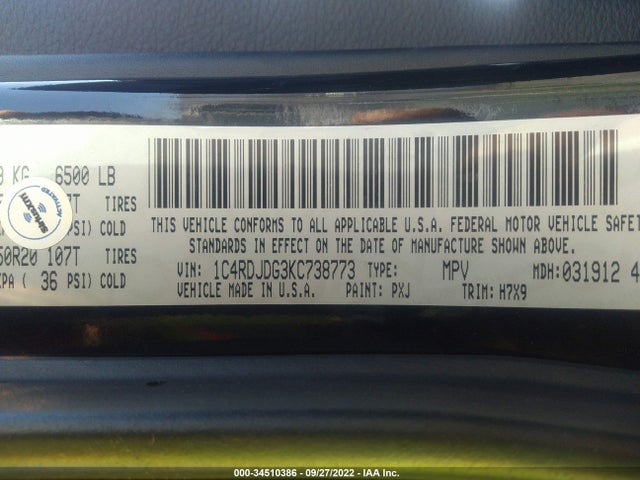 Dodge DURANGO GT 2019 1C4RDJDG3KC738773 Image 9
