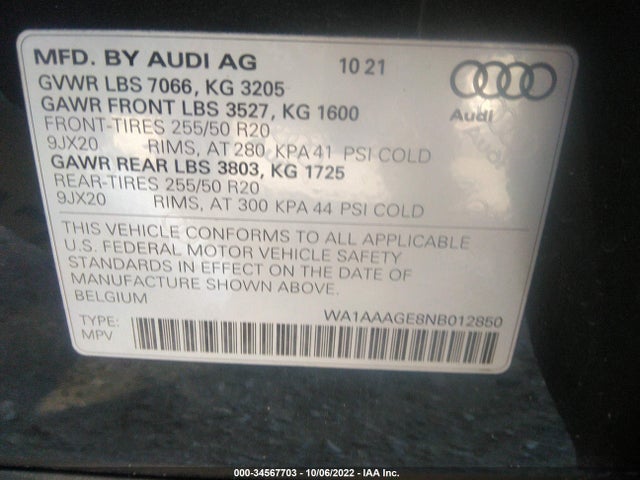 2022 Audi e-tron, VIN: WA1AAAGE8NB012850