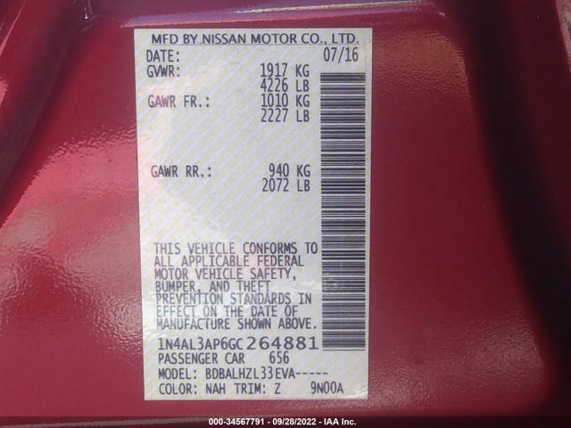 2016 NISSAN ALTIMA 2.5 SR VIN: 1N4AL3AP6GC264881