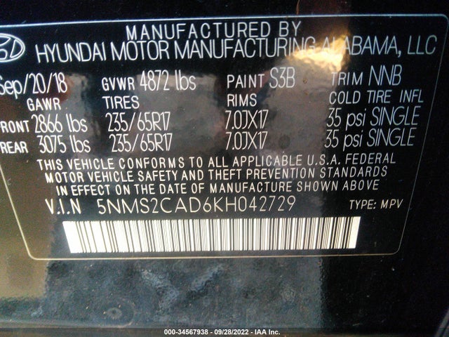 2019 Hyundai Santa Fe, VIN: 5NMS2CAD6KH042729