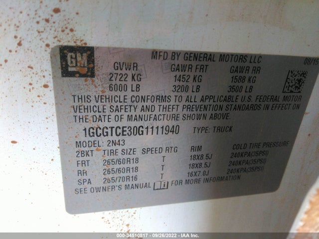 2016 CHEVROLET COLORADO 4WD LT VIN: 1GCGTCE30G1111940