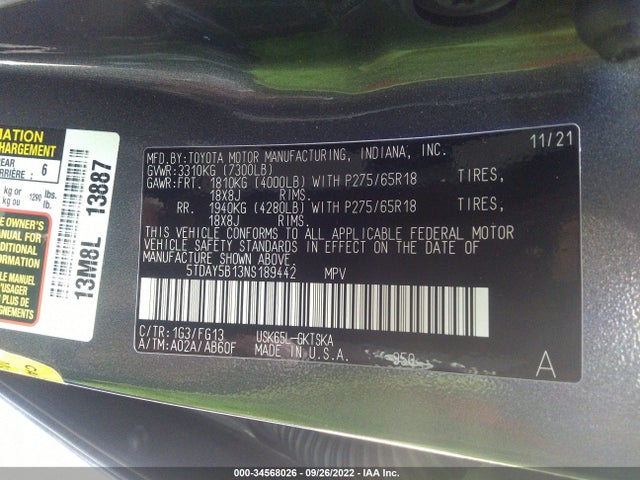 2022 Toyota Sequoia, VIN: 5TDAY5B13NS189442