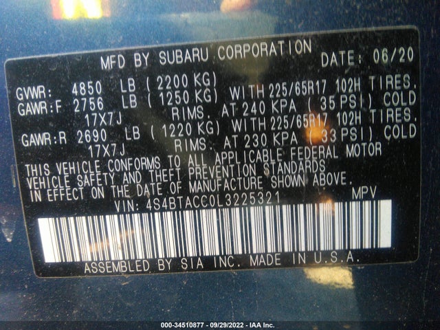 2020 Subaru Outback, VIN: 4S4BTACC0L3225321